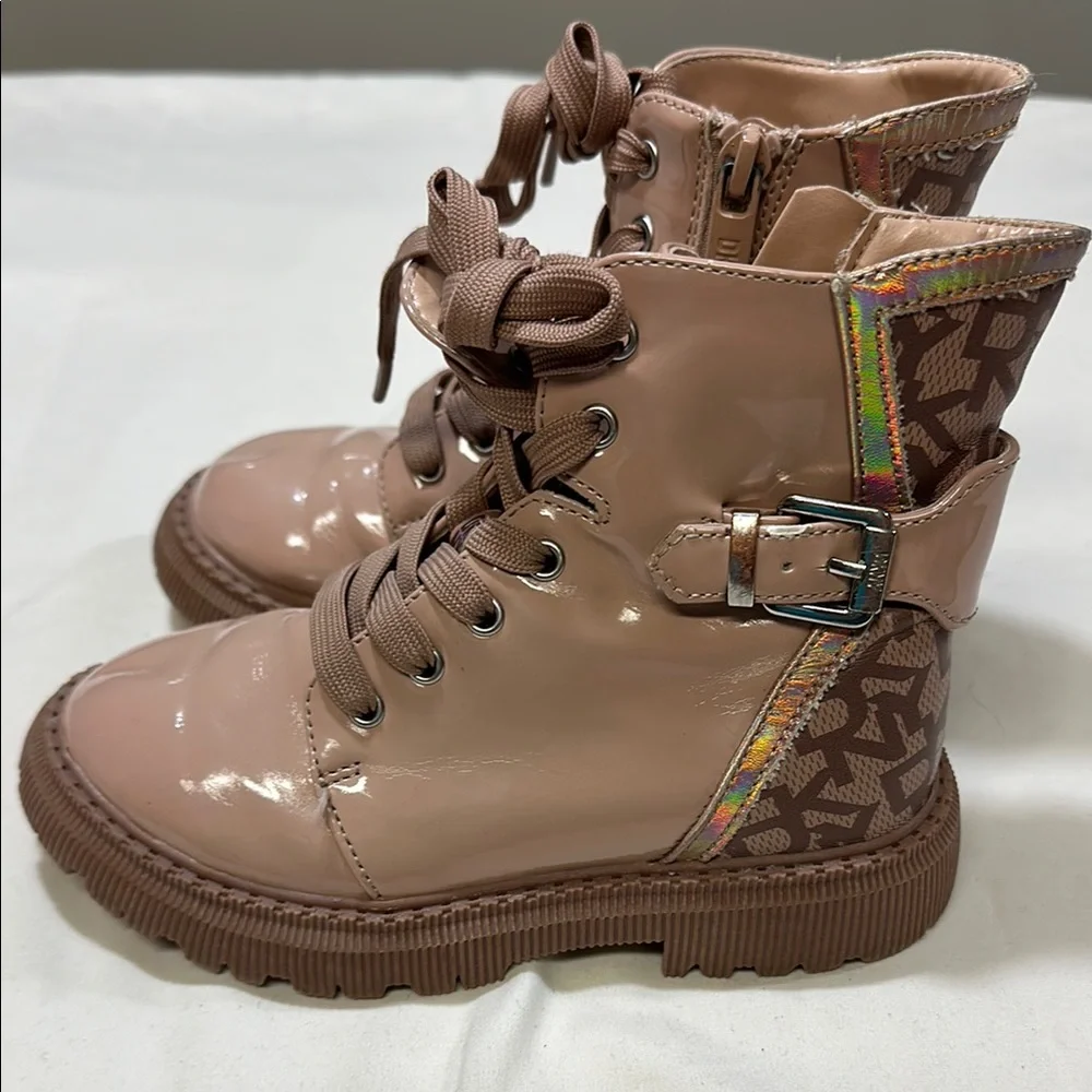 DKNY Kids' Glossy Beige Lace-Up Boots - Picture 2 of 9